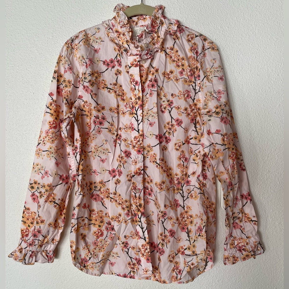 J Crew floral ruffled button down shirt, size 6
